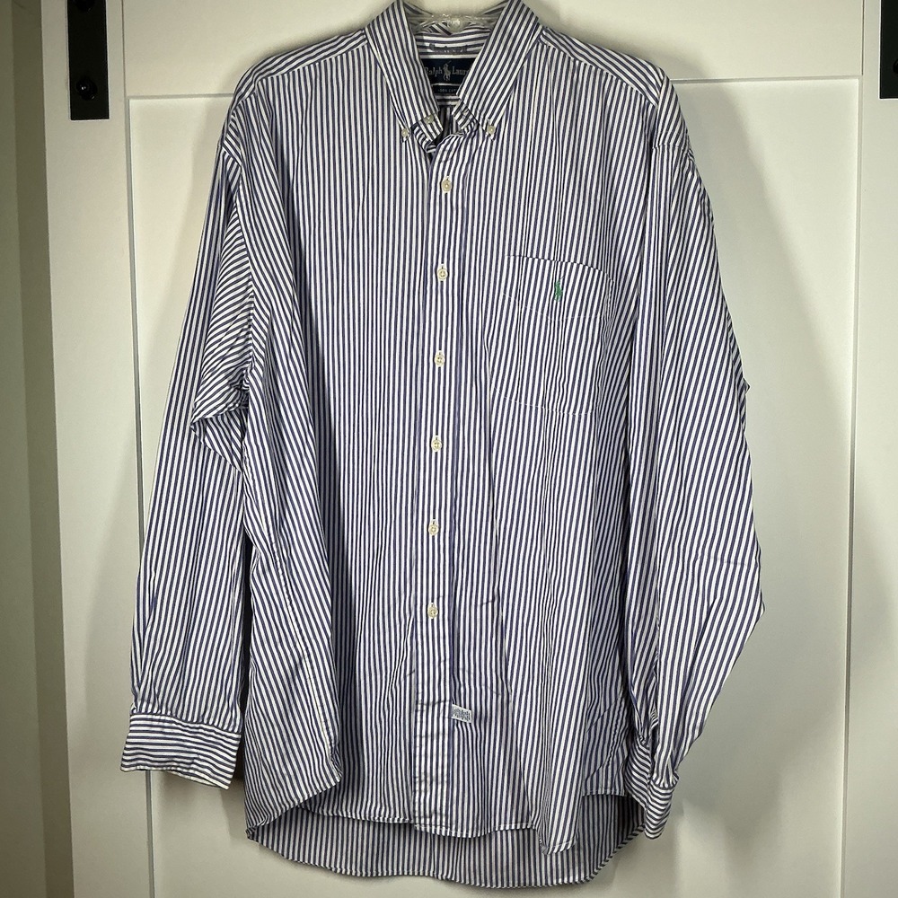Ralph Lauren Cotton Button Down Long Sleeve Men's Shirt XL‎ Navy Striped Preppy